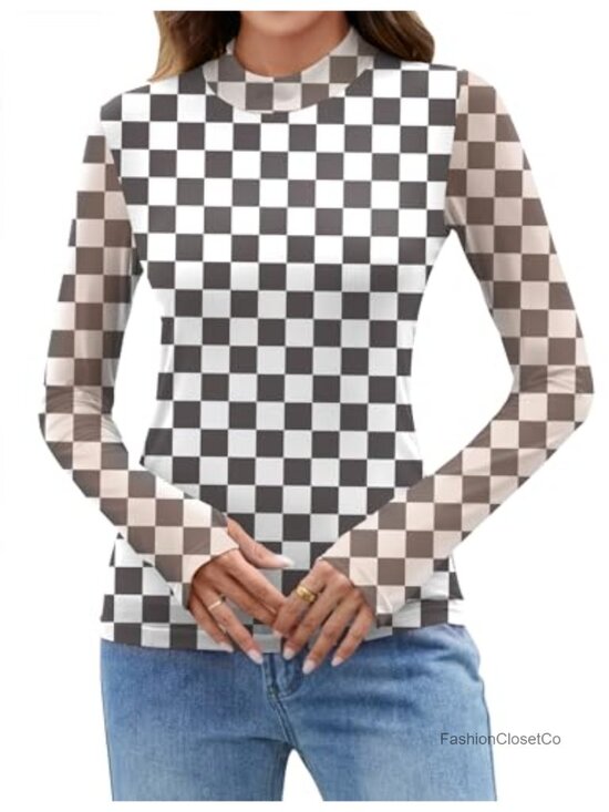 Tops - LOMON Mesh Long Sleeve Top for Women Double Layered Sheer Shirt Mock Neck Lace